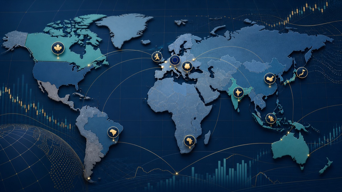 Editorial illustration comparing developed-market and emerging-market international ETF exposure