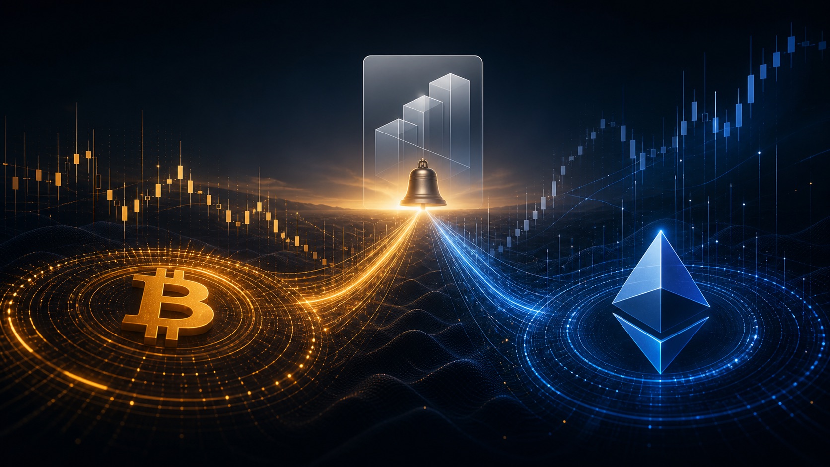 Original editorial illustration of Bitcoin and Ethereum market paths converging on an exchange-traded product at the opening bell