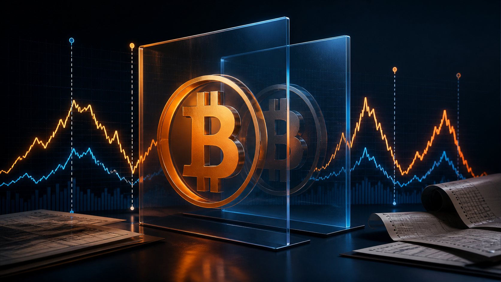 Conceptual illustration of Bitcoin exposure passing through daily-reset leverage layers and volatile market paths