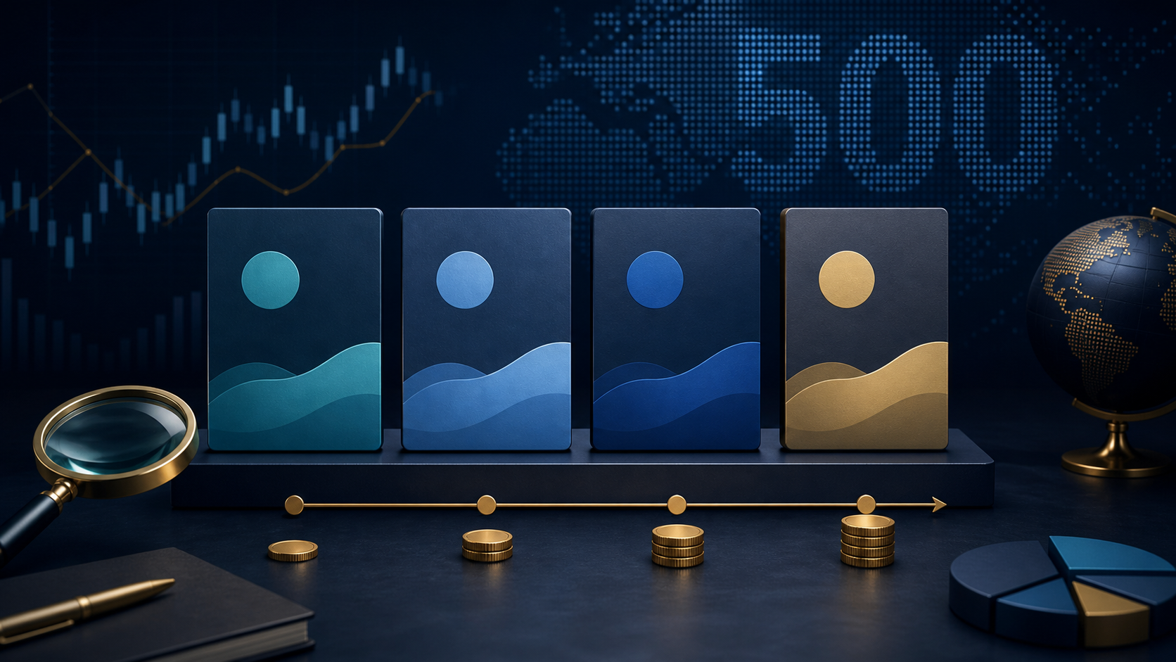 Editorial illustration comparing four low-cost S&P 500 ETF choices on an analytical investment desk