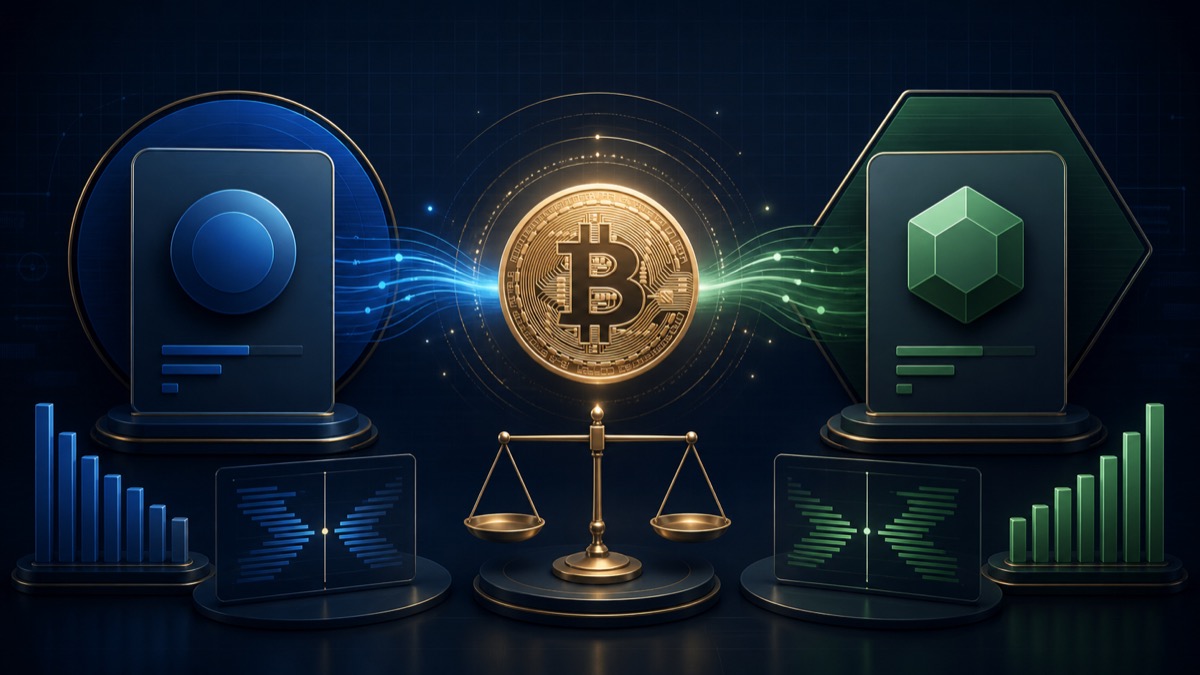 Original editorial illustration comparing two institutional spot Bitcoin fund pathways