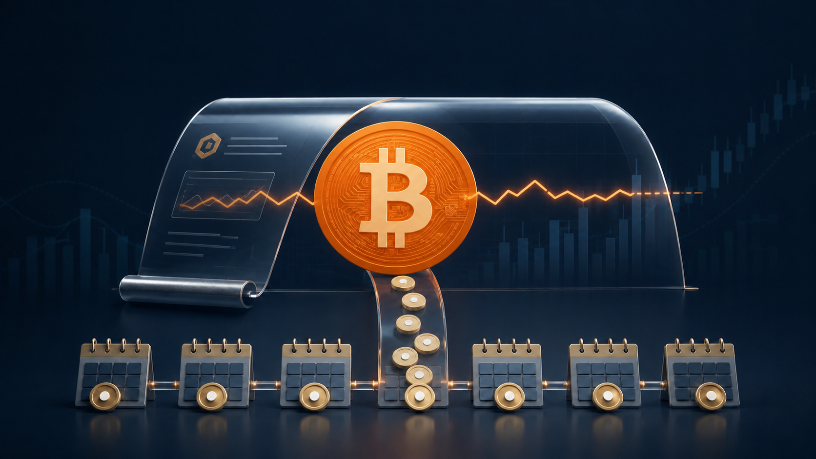 Conceptual illustration of Bitcoin ETF option exposure flowing into weekly distributions beneath a transparent upside cap